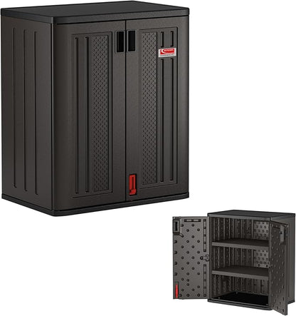 Suncast Heavy-Duty Resin Outdoor Storage Cabinet, 30" W x 20.25" D x 36" H Dark Grey Base Garage Storage Cabinet with Lockable Doors and Metal Reinforced Shelves, Made in the USA
