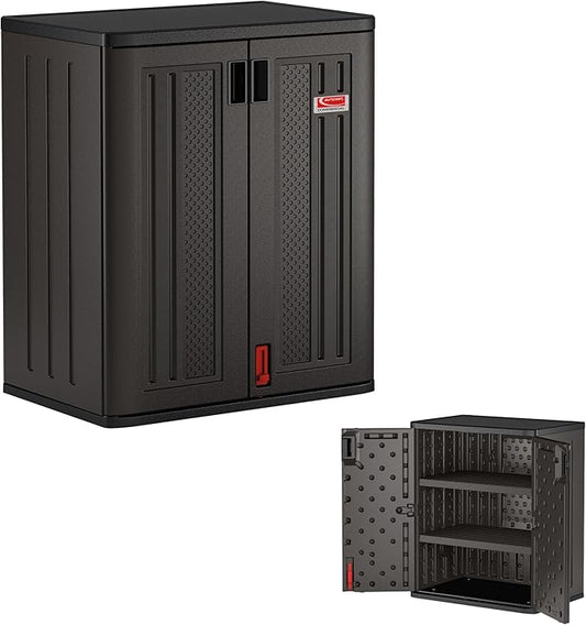 Suncast Heavy-Duty Resin Outdoor Storage Cabinet, 30" W x 20.25" D x 36" H Dark Grey Base Garage Storage Cabinet with Lockable Doors and Metal Reinforced Shelves, Made in the USA