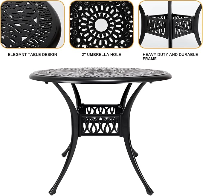 35" Outdoor Dining Table, Cast Aluminum Patio Bistro Table with 2.44" Umbrella Hole, Patio Furniture for Backyard Garden, Black