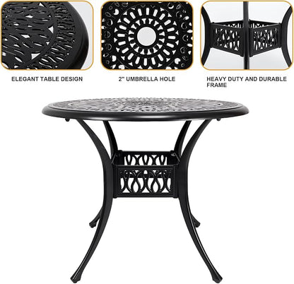 35" Outdoor Dining Table, Cast Aluminum Patio Bistro Table with 2.44" Umbrella Hole, Patio Furniture for Backyard Garden, Black