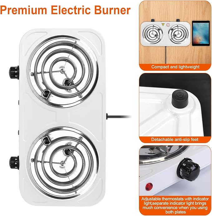 2000W Electric Double Burner Portable Coil Heating Hot Plate Stove Countertop RV Hotplate with Non Slip Rubber Feet 5 Temperature Adjustments
