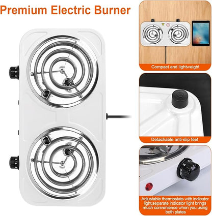 2000W Electric Double Burner Portable Coil Heating Hot Plate Stove Countertop RV Hotplate with Non Slip Rubber Feet 5 Temperature Adjustments