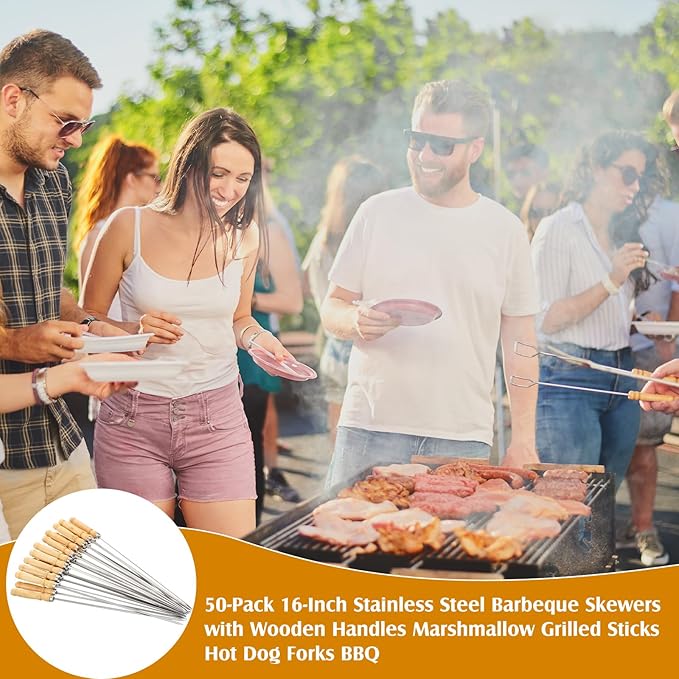 Minatee 16 Inch Kabob Skewer with Wood Handle for BBQ Camping Cookware Campfire Grill Cooking, Stainless Steel, Metal Skewers for Kabobs with Wood Handle (50 Pcs)