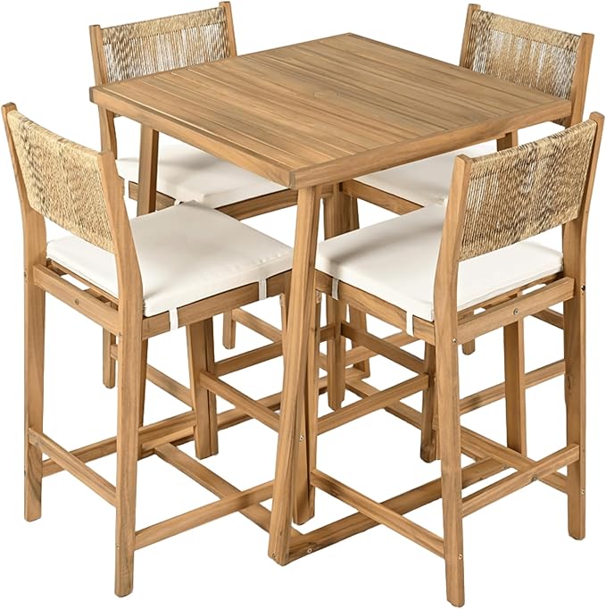 Christopher Knight Home Barron 5-Piece Acacia Wood Patio Bar Set, Patio Bar Table and Stools Set, Soft Seat Cushions, Rattan/Wicker Dining Set for Garden, Backyard, Poolside, Balcony, Teak + Beige
