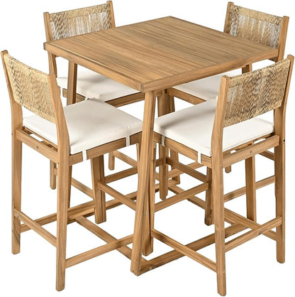 Christopher Knight Home Barron 5-Piece Acacia Wood Patio Bar Set, Patio Bar Table and Stools Set, Soft Seat Cushions, Rattan/Wicker Dining Set for Garden, Backyard, Poolside, Balcony, Teak + Beige