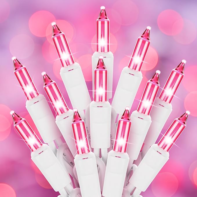 Pink Christmas String Lights, 50 Count 10 Feet Mini Valentine's Lights | Incandescent Bulb Waterproof Pink Lights for Indoor Valentine's Day Garland Wedding Party Festival Xmas Tree Decoration