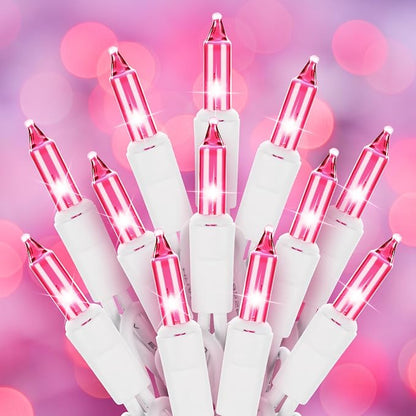 Pink Christmas String Lights, 50 Count 10 Feet Mini Valentine's Lights | Incandescent Bulb Waterproof Pink Lights for Indoor Valentine's Day Garland Wedding Party Festival Xmas Tree Decoration