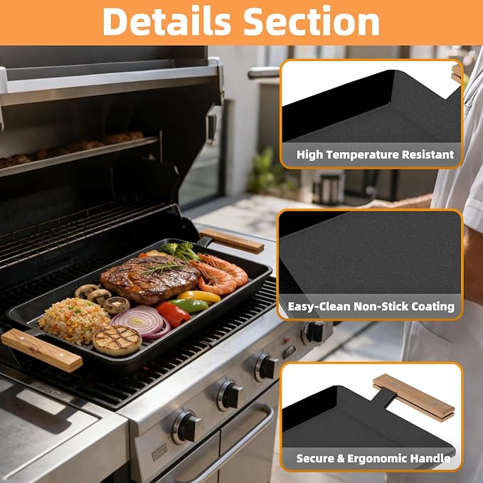 24 Inch Pre-Seasoned Carbon Steel Griddle for Stoves and BBQ Grills | Universal Flat Top Grill Plate with Anti-Scald Wood Handle, Works on Double Burner, Induction, Gas and Charcoal Grills