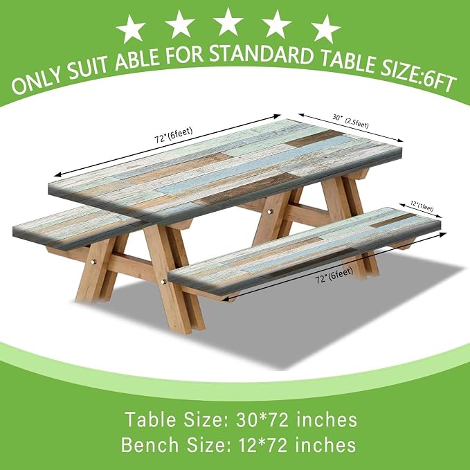 JAWO Rustic Wooden Picnic Table Cover with Bench Covers, Modern Camping RV Essentials Gear Supplies Outdoor Waterproof Windproof Tablecloth with Elastic, 30X96in