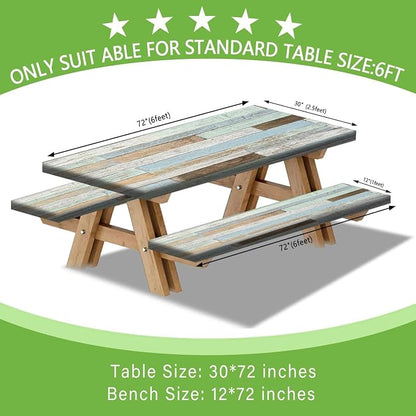 JAWO Rustic Wooden Picnic Table Cover with Bench Covers, Modern Camping RV Essentials Gear Supplies Outdoor Waterproof Windproof Tablecloth with Elastic, 30X60in