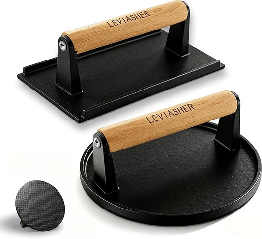 2Pack 2.3lb Steak Weight & Burger Press, Grid Base, 7" Round 7"X4" Rectangle Heavy Duty Cast Iron Grill Press with Wood Handle for Blackstone, Chef, Camp, Panini, Vegetable, Bacon, Sandwich, BBQ