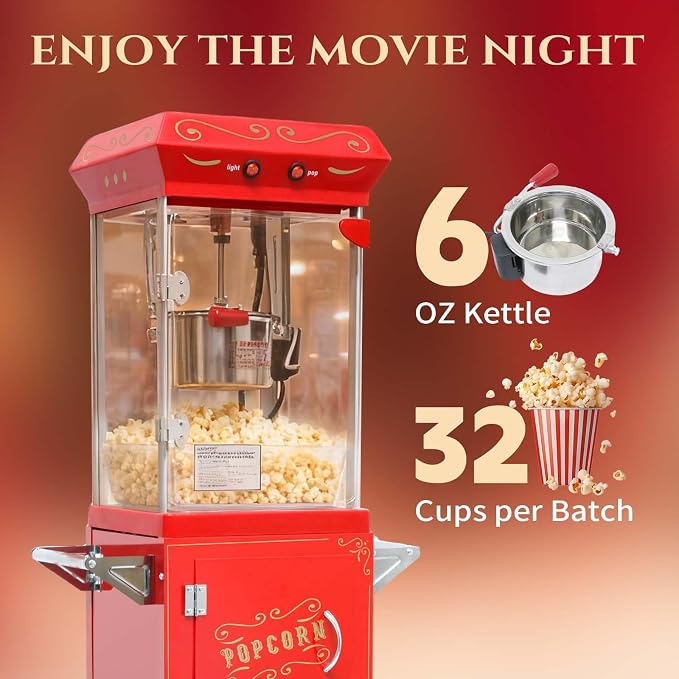 Popcorn Machine with Cart, 6 Oz Kettle, Mobile Popcorn Maker for 32 Cups per Batch, Nostalgia Movie Theater Style, Vintage Bar Style Popcorn Machine with Lockers for Home & Events, Red