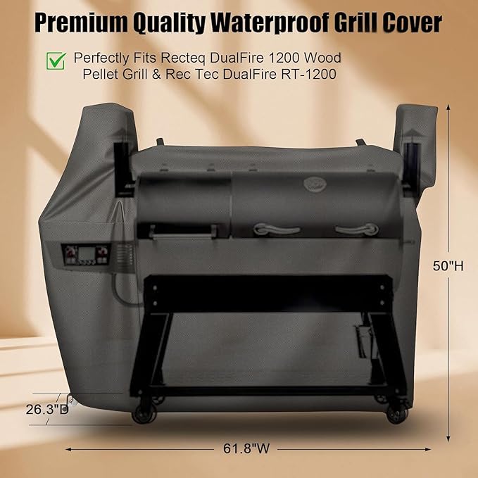 QuliMetal Grill Cover for Rectec DualFire 1200 Wood Pellet Smoker Grill - 600D Heavy-Duty Waterproof, UV and Fade Resistant Grills Cover for Rec Tec DualFire RT-1200 Grill Cover Accessories