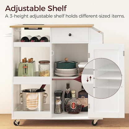 MAHANCRIS Kitchen Island with Power Outlet, Kitchen Storage Island with Drawer, Rolling Kitchen Cart on Wheels, Spice Rack, Towel Rack, Wine Rack, for Dining Room, White and Natural KINW122E01N1
