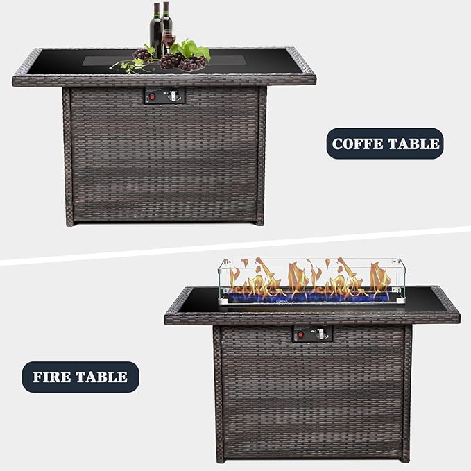 44 Inch Propane Gas Fire Pits Table for Outside Patio, 60000 BTU Rectangular Outdoor Wicker Rattan Fire Pit with Glass Wind Guard