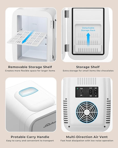 BEICHEN Mini Fridge, 4 Liter/6 Can Portable Refrigerator for Bedroom Office Dorm Car– Fast Cooling, Low Noise, 100-125V AC/5-12V USB Small Compact Refrigerator for Skincare, Food, Drinks(White)