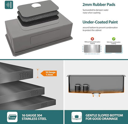 33x19 Inch Black Undermount Kitchen Sink Workstation Nano Coating 304 Stainless Steel 16 Gauge Handmade Under Counter Single Bowl Deep Kitchen Sink Basin,LOF-B9986