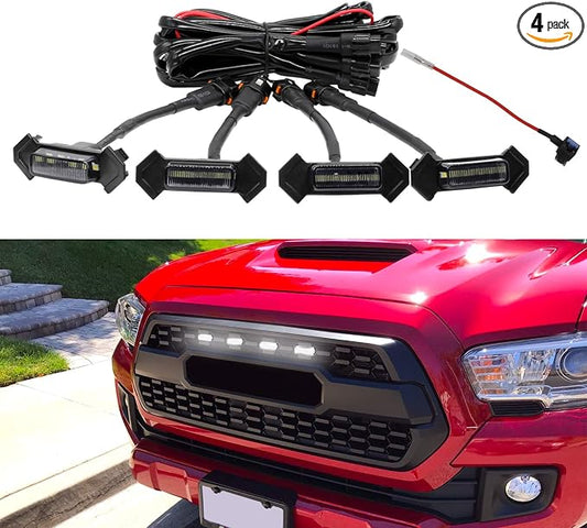 Seven Sparta 4 PCS Grill Led Lights with Fuse Adaptor Compatible with 2016-2023 Toyota Tacoma TRD Pro OEM Front Grille (White Light with Black Shell)