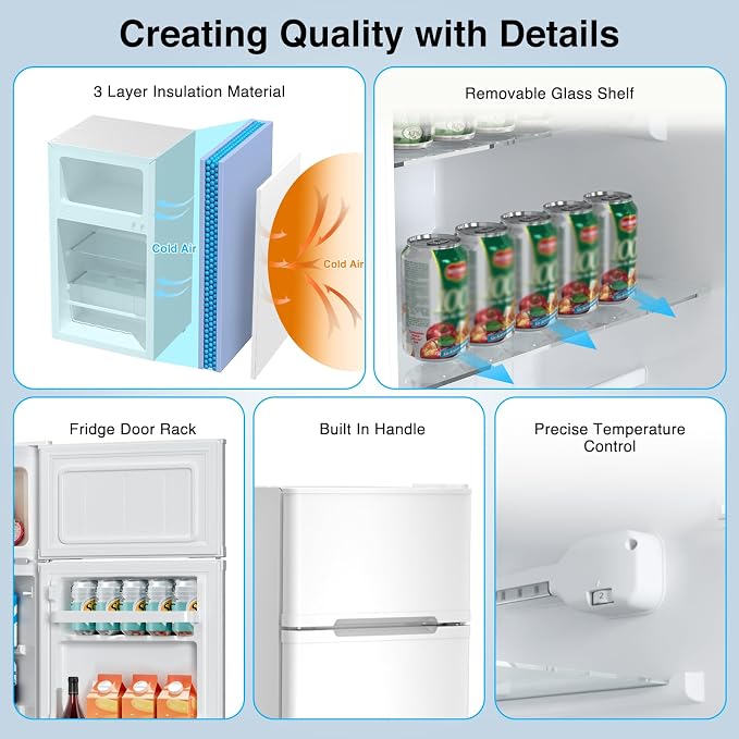 Kismile 2.5 Cu.Ft Mini Fridge with Freezer, Double Door Fridge, White | Reversible Door Compact Refrigerator with Mechanical Thermostat & Removable Shelves, Quiet for Bedroom Office