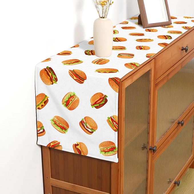 Hamburger Table Runner Burgers Themed Birthday Party Decoration Fast Food BBQ Dining Room Home Kitchen Table Decor，13" x 90"