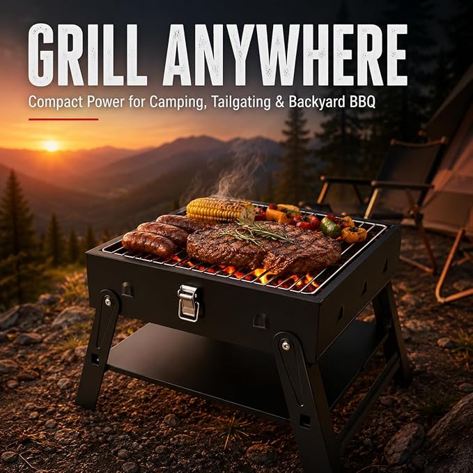 Small Portable BBQ Charcoal Grill: Mini Foldable Table Top Barbecue Grills for Outdoor Cooking, Camping, Beach, Travel, Tailgates, Fathers Day Birthday Grilling Gift for Men Dad Husband