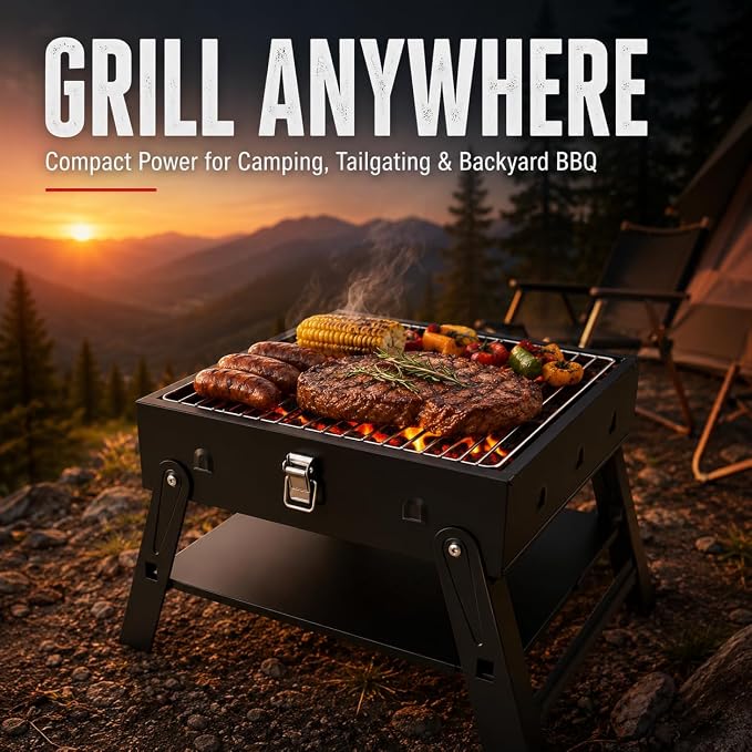 Small Portable Charcoal BBQ Grill: Table Top Mini Foldable Barbecue Grills for Beach, Birthday Gift for Men Dad Husband