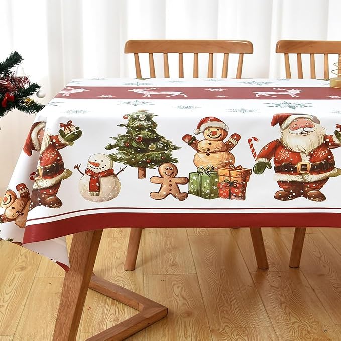 Christmas Tablecloth Heavy Duty Vinyl Red 54x54 inch Rectangle Christmas Table Cloth Reusable Waterproof Foldable Plastic Tablecloths PVC Xmas Table Cover for New Year Party Decor