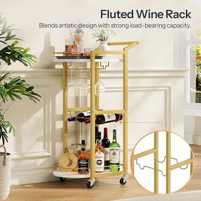 HOOBRO Bar Cart, Bar Cart for The Home, Home Bar Serving Cart on Wheels, Rolling Wine Cart with Wine Rack and Glass Holder, Beverage Cart for Bar, Kitchen, Dining Room, White and Gold DM48TC01
