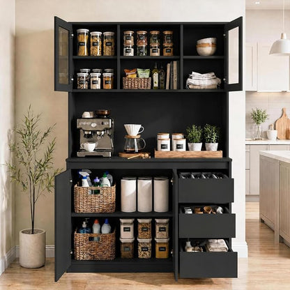 71" Kitchen Pantry Cabinet,Tall Storage Cabinet with Shelves Adjustable | Kitchen Storage Hutch with Microwave Shelf,Coffee Bar,Led Lights&Charging Station,Corner Pantry Cabinet for Living Room