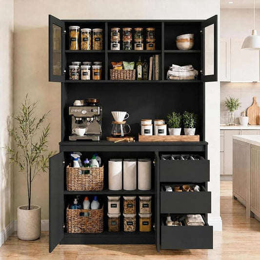 71" Kitchen Pantry Cabinet,Tall Storage Cabinet with Shelves Adjustable | Kitchen Storage Hutch with Microwave Shelf,Coffee Bar,Led Lights&Charging Station,Corner Pantry Cabinet for Living Room