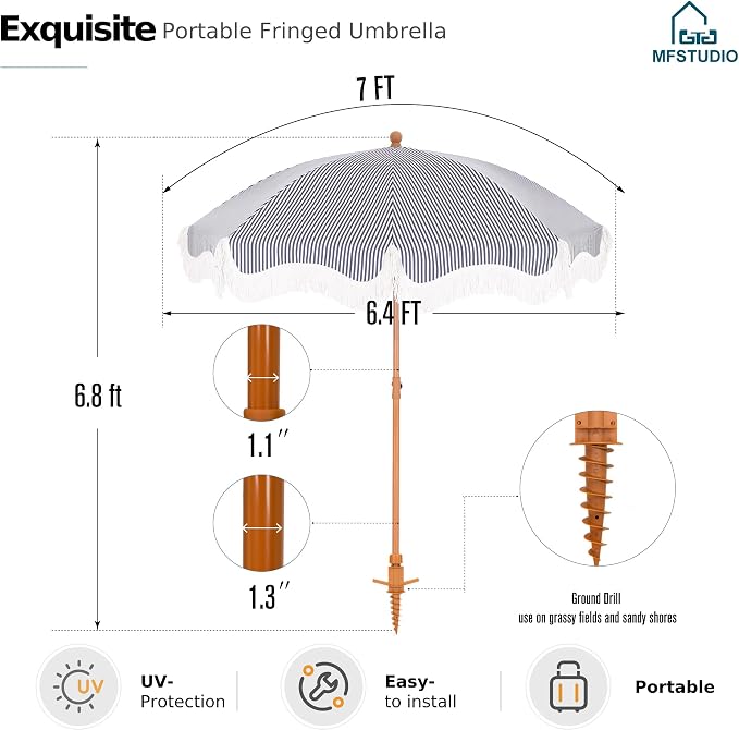 7ft Patio Beach Umbrella with Fringe, Outdoor Umbrella for Poolside, Stripe | MFSTUDIO Tassel Umbrellas UPF50+ with Sand Anchor & Tilt Button, Holiday Outdoor Umbrella with Carry Bag, Ideal for Garden