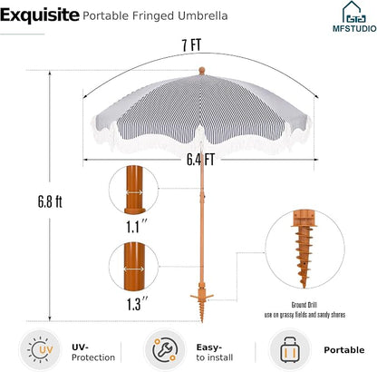 7ft Patio Beach Umbrella with Fringe, Outdoor Umbrella for Poolside, Stripe | MFSTUDIO Tassel Umbrellas UPF50+ with Sand Anchor & Tilt Button, Holiday Outdoor Umbrella with Carry Bag, Ideal for Garden
