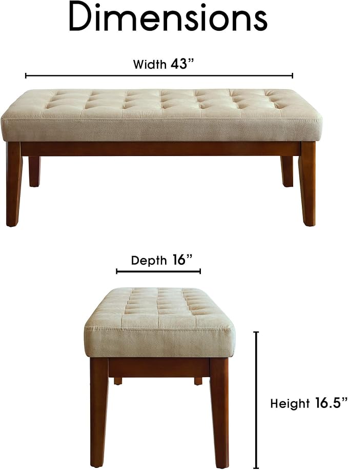 Elle Decor Claire Button Tufted Upholstered Bedroom Bench, Modern Fabric Padded Ottoman with Wooden Legs, Beige