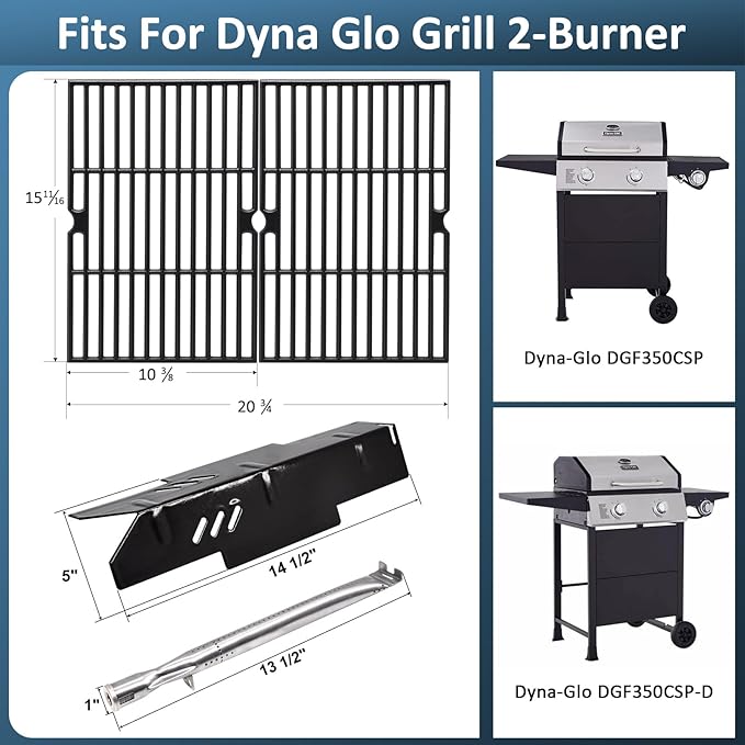 Grill Grates Parts for Dyna-Glo Grill Replacement Parts 2 Burner DGF350CSP, DGF350CSP-D, Cast Iron BBQ Grill Grates, Heat Plates Heat Shields and Burner Tubes for Dyna Glo Grill Accessories.