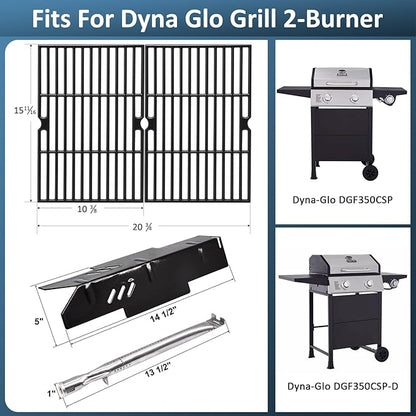 Grill Grates Parts for Dyna-Glo Grill Replacement Parts 2 Burner DGF350CSP, DGF350CSP-D, Cast Iron BBQ Grill Grates, Heat Plates Heat Shields and Burner Tubes for Dyna Glo Grill Accessories.