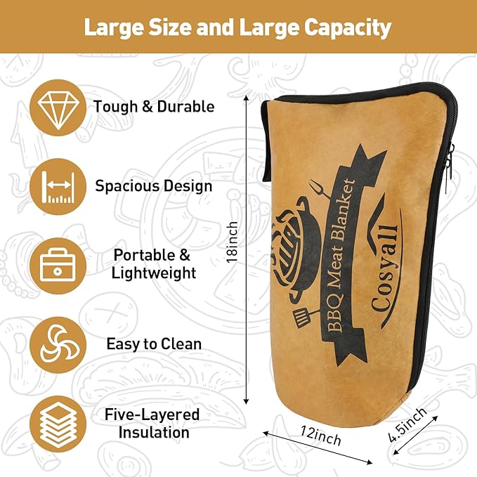BBQ Blanket for Resting Meat,Smoker Meat Resting Blanket,Reusable Smoker Grilling Meat Insulated Resting Bag with Wide Mouth for Large Brisket/Beef/Pork Shoulders/Turkeys (BBQ Blanket 18in)