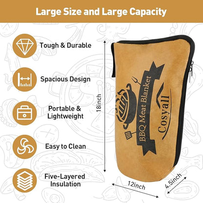 BBQ Blanket for Resting Meat,Smoker Meat Resting Blanket,Reusable Smoker Grilling Meat Insulated Resting Bag with Wide Mouth for Large Brisket/Beef/Pork Shoulders/Turkeys (BBQ Blanket 18in)