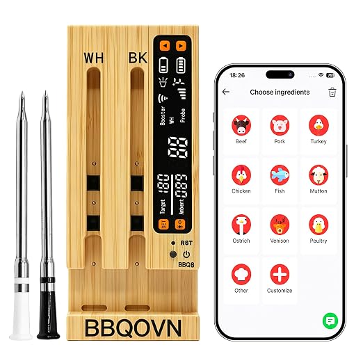 WiFi Sub-1G Wireless Meat Thermometer Unlimited Range 7 NIST Certified Sensors with Ambient Temp 2 Temp Monitoring Ways Digital Smart Base and App for BBQ, Smoker, Grill, Oven