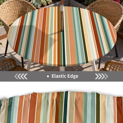 Outdoor Tablecloth with Umbrella Hole and Zipper Fits 49-52" Tables | Waterproof Round Fitted Tablecloth with Elastic Edge, Wipeable Outdoor Table Cover for Patio, Garden, Picnic