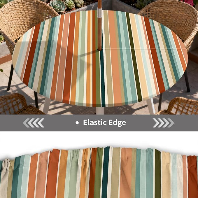 Outdoor Tablecloth with Umbrella Hole and Zipper Fits 32-36" Tables | Waterproof Round Fitted Tablecloth with Elastic Edge, Wipeable Outdoor Table Cover for Patio, Garden, Picnic