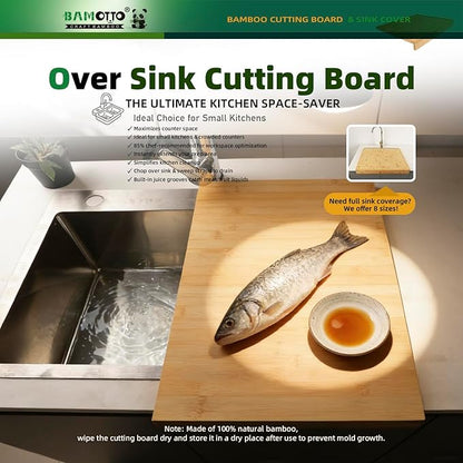 BAMOTTO CRAFTBAMBOO 12.5x20.4 Inch Bamboo Cutting Board, Built-in Front Lip, Flat Both Sides, Non-Slip RV Camper Stove Cover, Over Sink Chopping Board for Small Kitchen, Lightweight 4.76 lbs