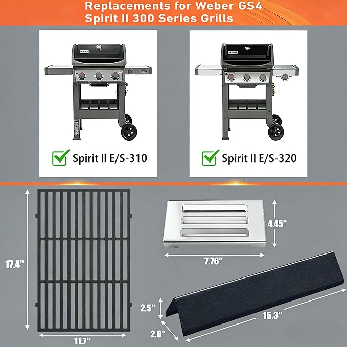 QuliMetal Grill Parts for Weber Spirit II E310 & 300 Series Grills, 15.3" Flavorizer Bars, 17.5" Grill Grates, 67060 Heat Deflector, Compatible with Spirit 2 Grill Parts, Replaces 7636 7638