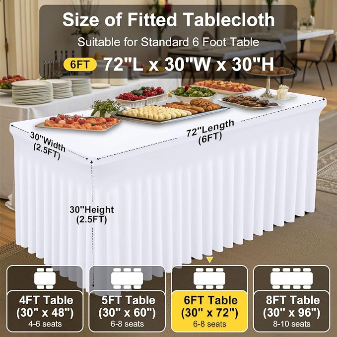 Smiry 2 Pack Spandex Elastic Fitted Table Cloth Skirt for 6FT Table | Stretch Washable Table Cloth, Banquet Table Cover for Wedding, Party, Indoor & Trade Shows, (White, 72Lx30Wx30H)