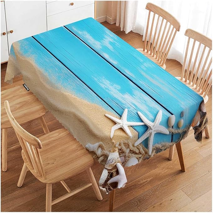 Swono Sea Shells Table Covers 52x70 Inch Blue Wooden Sea Rope Seashells Starfish Wipeable Tablecloth Kitchen Dinning Tabletop Decoration, Table Cloth for Outdoor and Indoor Use