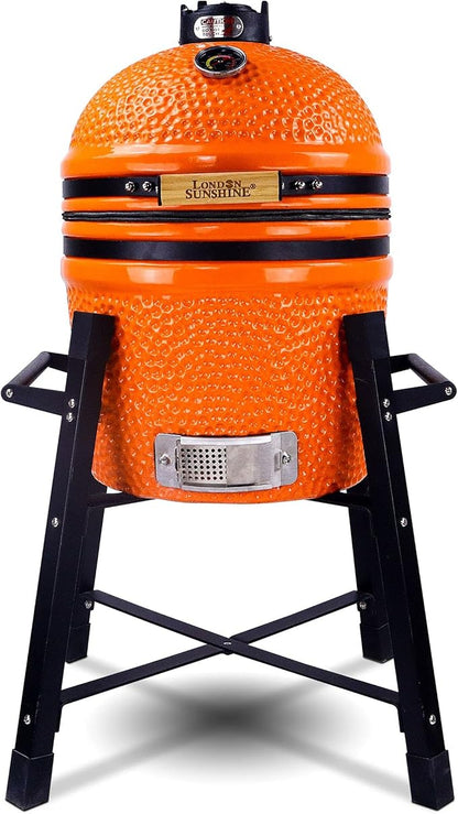 London Sunshine Ceramic Kamado Charcoal BBQ Grill and Smoker, Stainless Steel Grates -15" Ceramic with Tall Stand (ORANGE)