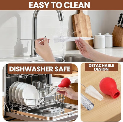 Large Turkey Baster for Cooking - Premium Baster Syringe for Hot Liquids - Heat-Resistant Silicone Bulb, Easy-Grip Design with Cleaning Brush - Dishwasher Safe - Baste Food with Ease - Red