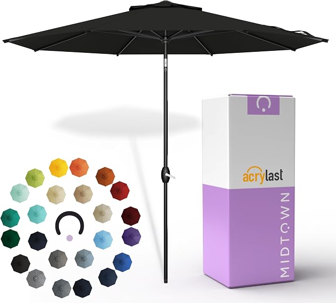 Midtown Umbrellas – The Lean 10 Ft Patio Umbrella with 10-Year-No-Fade Acrylast Acrylic Fabric, Auto-Tilt and 8 Reinforced Ribs for Deck, Pool, Garden, Hotel & Cafes – Eclipse Canopy, Black Pole