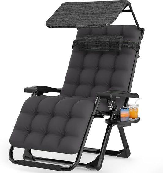 Suteck Zero Gravity Chair with Canopy, Reclining Camping Lounge Chairs | with Removable Cushion, Upgraded Lock and Cup Holder, Folding Patio Recliner for Indoor and Outdoor，90°-170° Adjust