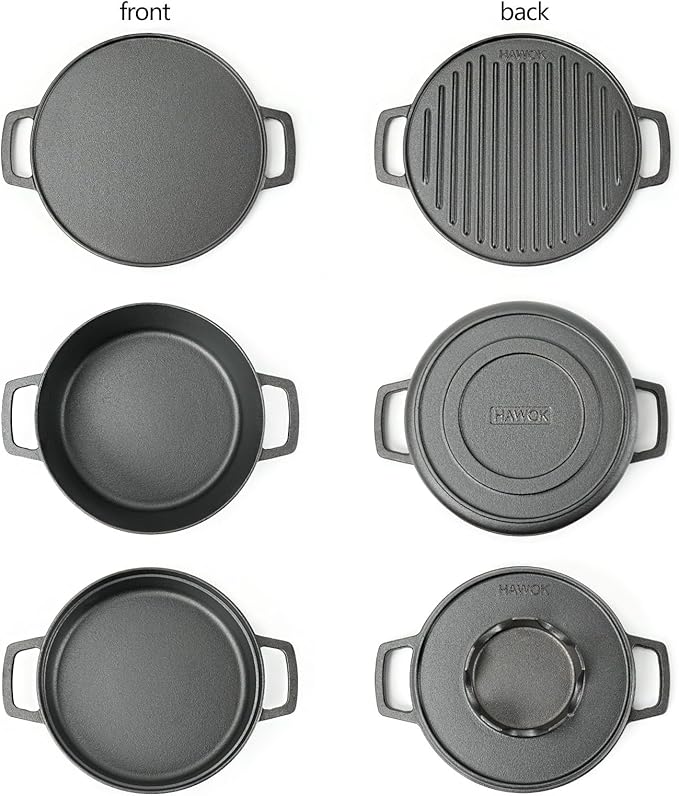 HAWOK 5 piece Stove Set, Pre-Seasoned Cast Iron Charcoal Grill Stove with 4QT Dutch Oven, with Multipurpose Lid, Five-Leg Buffet Tray, Multipurpose BBQ Stove Set