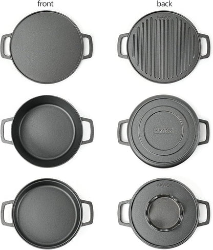 HAWOK 5 piece Stove Set, Pre-Seasoned Cast Iron Charcoal Grill Stove with 4QT Dutch Oven, with Multipurpose Lid, Five-Leg Buffet Tray, Multipurpose BBQ Stove Set
